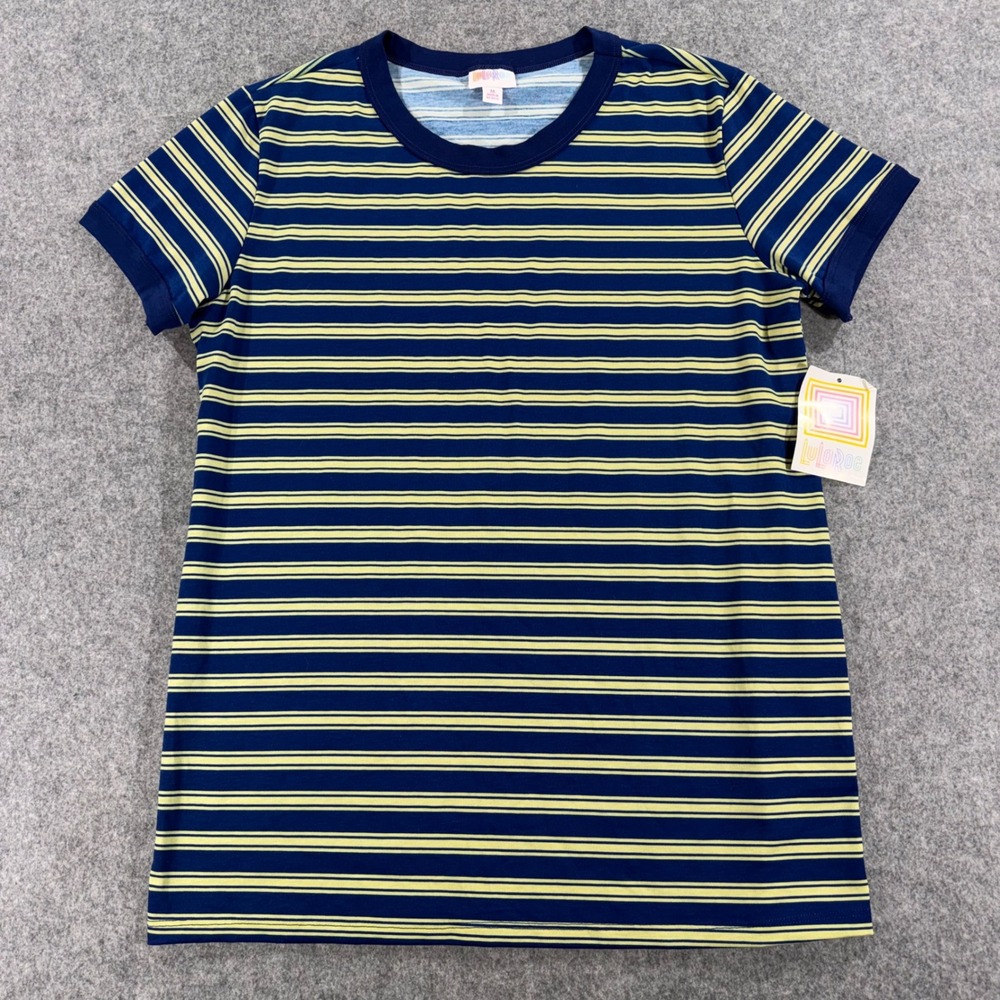 LuLaRoe Womens Christy T-Shirt Navy Blue Yellow Striped Short Sleeve Size M NEW
